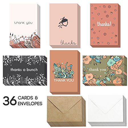 36 Blank Thank You Cards - Bulk 4x6 Cute Flower Cards with Envelopes for Women