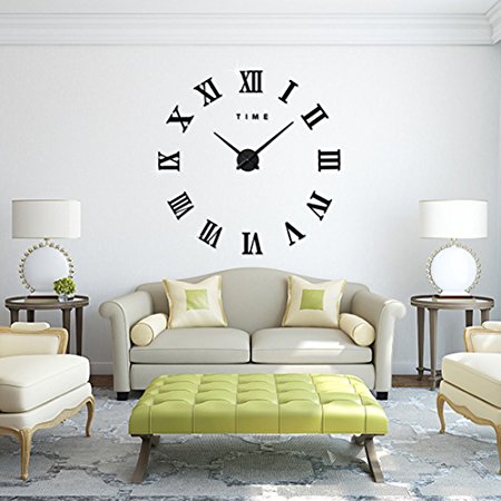 FAS1 Modern DIY Large Wall Clock Big Watch Decal 3D Stickers Roman Numerals Wall Clock Home Office Removable Decoration for Living Room - Black (Battery NOT Included)