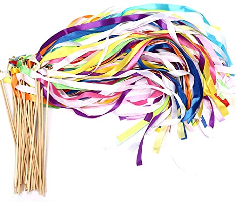 40 Pack Ribbon Wands - MeiMeiDa Mix Color Ribbon Fairy Wands with Bell and Smooth Wood Sticks, Chromatic Silk Waving Party Streamers for Wedding Best Wishes, Kids Birthday Props, Dance Party Favors