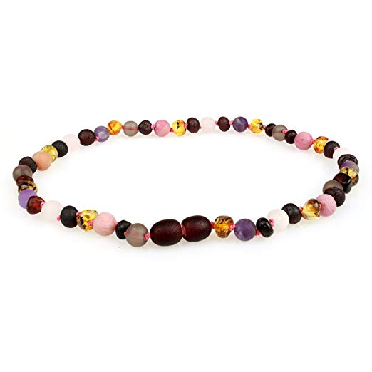 Baltic Amber Teething Necklace (Unisex, 12.5 Inches) with Semi-Precious Gemstones - Matte Smoky Quartz, Rhodonite, Matte Rose Quartz, Matte Amethyst. Lab-Tested, 100% Certified - Teething Pain Relief
