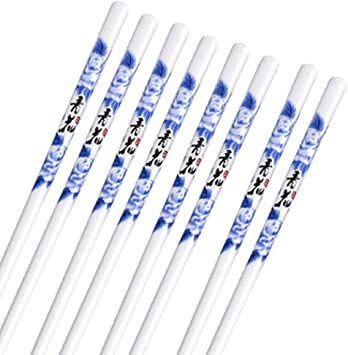Porcelain Chopsticks set of 8, Reusable Dishwasher Safe, High-grade Bone Chopsticks Chopsticks (White and Blue)
