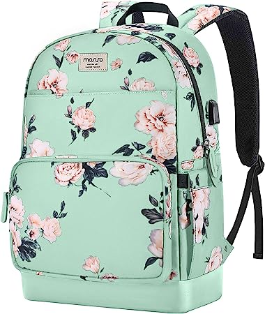 MOSISO 15.6-16 inch Laptop Backpack for Women, Polyester Anti-Theft Stylish Casual Daypack Bag with Luggage Strap & USB Charging Port, Camellia Travel Backpack, Green