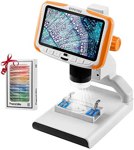 STPCTOU LCD Digital Microscope USB Coin Microscopes 5 Inch FHD 1080P Screen 200X Magnification Zoom Camera Video Recorder for Adults Kids Stamps Plants Soldering with Base Light Sample Slides