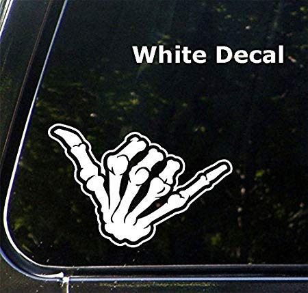 Yadda-Yadda Design Co. Skeleton Hand Shaka - Vinyl Car Decal Sticker - Copyright 2016 (Variations Available) (MD 5.5" w x 3.5" h) (White)
