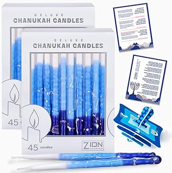 Deluxe Chanukah Candles for Menorah - Decorative Hanukkah Candles Set of 45 Multi Blue Thin Tapered Frosted Candle Hand Made Includes a DIY Dreidel, Prayer Song Card by Zion Judaica (Blue Elegance)