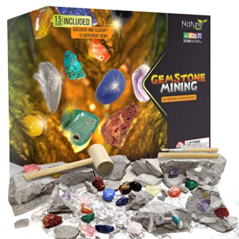Nature Gear Gemstone Mining Excavation - Discover 15 Precious Gems - Mining Adventure Kit - Science STEM Learning Kids Activity