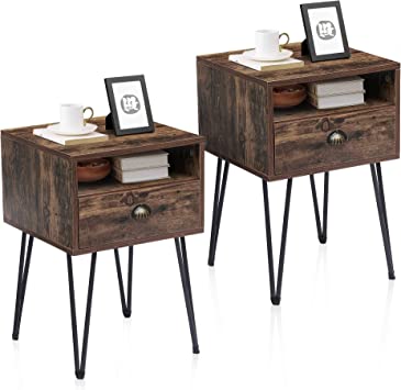 VECELO Nightstand Set of 2, Industrial End Side Table with Drawer and Shelf, Night Stand for Bedroom, Living Room and Small Space, Stable Metal Frame, Brown