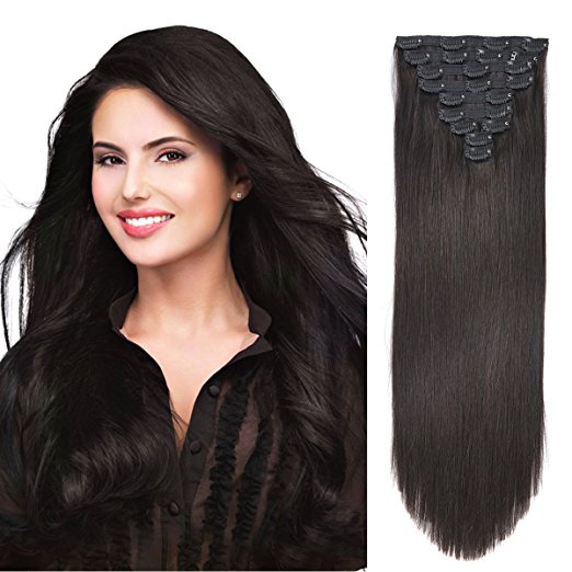 20" Clip in Hair Extension Human Hair Extensions Clip on for Fine Hair Full Head Off Black #1B 10pieces 140grams/4.9oz