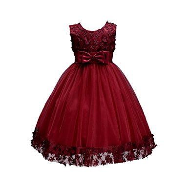 Weileenice 1-14T Big/Little Girl Ball Gown Lace Party Dresses A-line Flower Girls Dress With Bowknot For Wedding