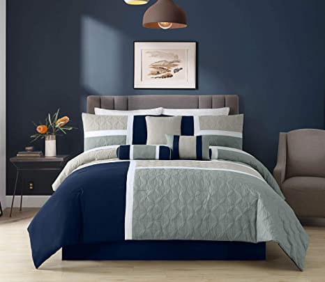 Chezmoi Collection Upland 7-Piece Quilted Patchwork Comforter Set, Navy/Blue/Gray, California King