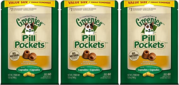 Greenies Pill Pockets Treats for Dogs Capsule Pouch, Chicken Flavor, 15.8-Ounce Per Pack (3 Pack)