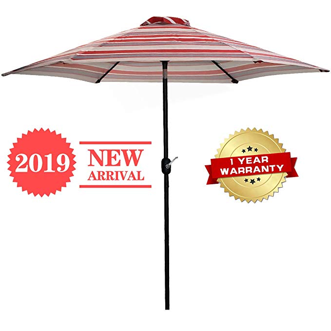 FRUITEAM 9ft Patio Umbrella Outdoor Table Umbrella with Push Button Tilt and Crank, Waterproof & UV Resistant Sunbrella, Red Striped Aluminum Porch Umbrella, 1 Year Warranty