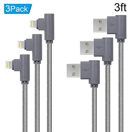 ANSEIP 90 Degree Lightning Cable 3 Pack iPhone Charger Cord Nylon Braided 8 Pin Lightning to USB Cable,Data Transfer and Charging for iPhone X/8/7/6/5 iPad (Grey - 3ft - 3Pack)