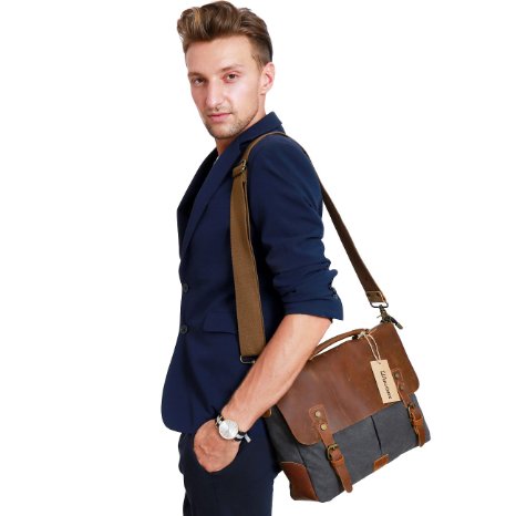 Messenger bag for men and women,Vintage canvas Messenger Bag,Everyday Messenger bag,Best leather messenger bag,14-inch Laptop Briefcase 13"(L)x10.5"(H) x 4.1"(W)(Gray) WowBox