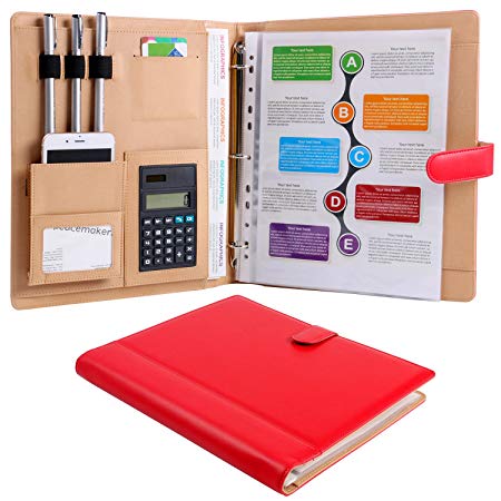 Plinrise High Grade Multifunction Letter Size Padfolio/Resume Portfolio Folder-Document Organizer/Business Card Holder with Calculator and 8 File Pockets (Red)