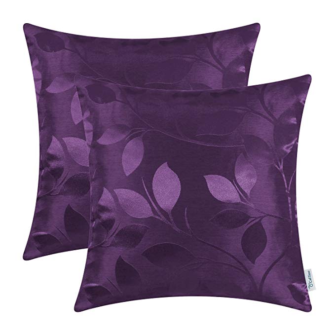 CaliTime Pack of 2 Throw Pillow Covers Cases for Couch Sofa Home Decor Shining & Dull Contrast Vibrant Growing Leaves 18 X 18 Inches Deep Purple