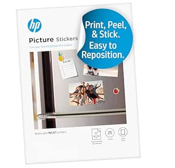 HP Picture Stickers 4x6in, 25 sheets Self-Adhesive, Easily repositionable, Matte Photo Stickers. Print, Peel & Stick All Inkjet printers and craft cutters. (8L1U8A)