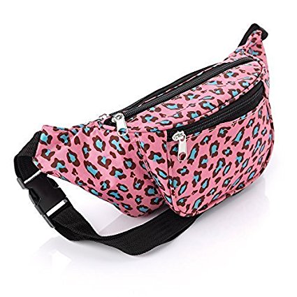 Womens/Girls Pink Green Leopard Print Bumbag, Lightweight With Zip Pocket Compartments & Adjustable Strap