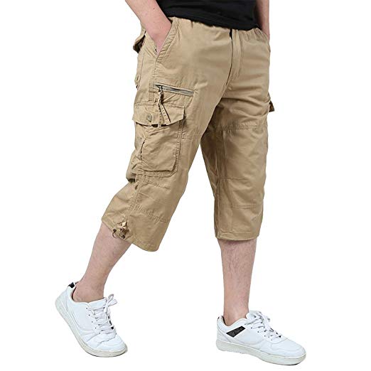 Ivnfout Men’s Casual Twill Elastic Cargo Shorts Below Knee Loose Fit Multi-Pockrt Capri Long Shorts