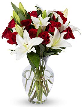 Benchmark Bouquets Red Roses & White Oriental Lilies with Vase – Fresh Flowers – Overnight Shipping & Delivery – Farm Fresh Flowers, White Flowers, Flower Arrangements, Bouquet of Flowers