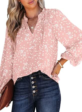 Dokotoo Women's Casual V Neck Alicia Floral Print Smocked Long Sleeve Chiffon Blouses Bohemian Top Shirts