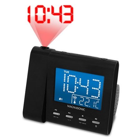 Magnasonic MM176K AMFM Projection Clock Radio with Dual Alarm Auto Time SetRestore Temperature Display and Battery Backup
