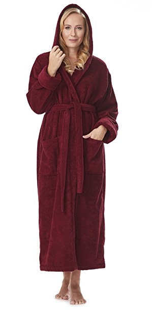 Arus Women's Organic Cotton Hooded Full Length Turkish Bathrobe