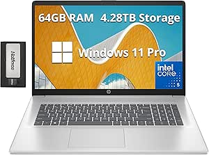 HP 17.3" FHD IPS Anti-Glare Laptop, Intel 5-120U, 64GB RAM, 4.28TB Storage (4TB SSD 288GB Docking Station Set), Intel Graphics, Full-Size Backlit Keyboard, Wi-Fi 6, HD Camera, Win 11 Pro, Silver