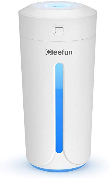 CLEEFUN Portable Mini USB Air Humidifier Cool Mist for Office Desk Car Travel Hotel Bedroom - 230ML Ultrasonic Quiet Desktop Cup Humidifier with 7 Colors LED Night Lights(White)