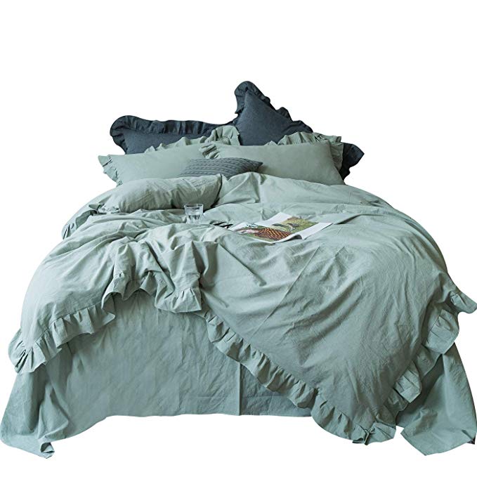 SUSYBAO 3 Pieces Vintage Ruffle Duvet Cover Set 100% Washed Cotton Queen Size Sage Green Rural Princess Lace Bedding with Zipper Ties 1 French Country Style Duvet Cover 2 Pillow Shams Soft Breathable