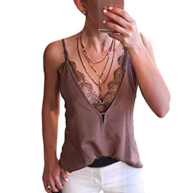 Pukemark Women's Summer Casual Sleeveless V Neck Strappy Cami Tank Tops Lace Sexy Shirts Blouse