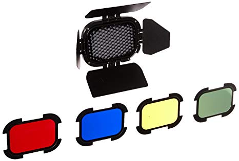 Fomito Godox BD-07 Dedicated Barn Door with Honeycomb Grid and 4 Color Gel Filters (Yellow, Green, Red, Blue) for Godox AD200 Pocket Speedlite Fresnel Flash Head