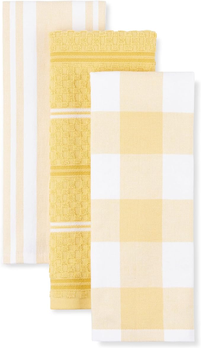 KitchenAid Stripe Gingham Dual Kitchen Polyester Cotton Rectangle Towel 3-Pack Set, Majestic Yellow, 16"x28"