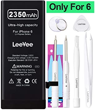 2350mAh High Capacity Replacement Battery Compatible with iPhone 6, LeeVee 0 Cycle Li-Polymer Replacement Battery with Repair Tools Kits, Adhesive Strips & Instructions