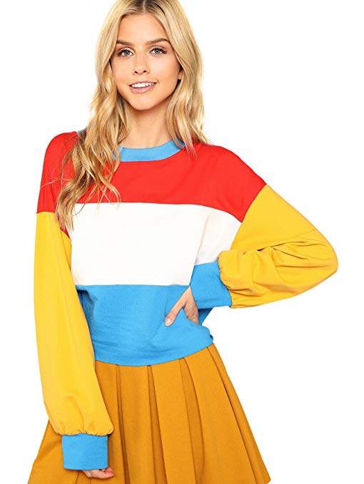 Romwe Women's Fashion Color Block Oversized Sweatshirt Striped Long Sleeve Crop Top