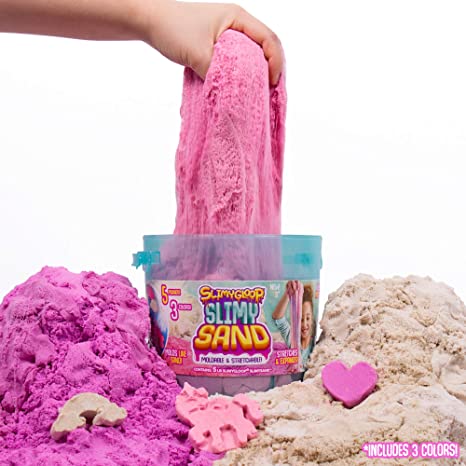 SlimySand Bucket, 5 Pounds of SlimySand in 3 Different Colors (Purple, Pink and White Glitter), 3 Molds, Bucket is Reusable for Storage. Super Stretchy & Moldable!