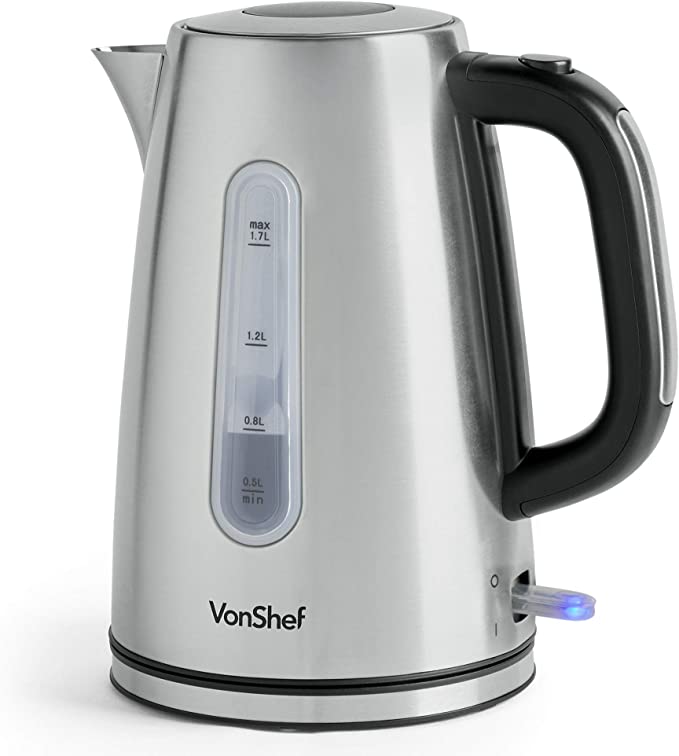 VonShef Electric Stainless Steel Kettle, Large 1.7L Capacity with Quick Boil Time & Removable & Reusable Filter for Fresher Water - 3000W