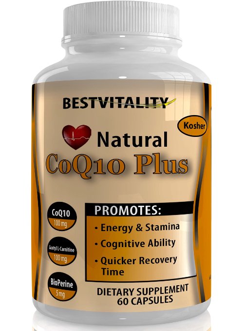 BestVitality Natural Coenzyme Coq10 Vegan Complex Coq10 - 100mg Acetyl L-carnitine - 100mg and Bioperine - 5mg Kosher - Made in USA