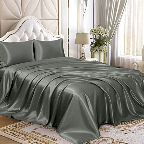 Homiest 3pcs Satin Sheets Set Luxury Silky Satin Bedding Set with Deep Pocket, 1 Fitted Sheet   1 Flat Sheet   1 Pillowcase (Twin Size, Dark Grey)