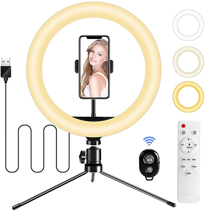 BESTOPE 10" Ring Light with 10 Color Temperature and 10 Brightness, Dimmable Desk Ring Light with Tripod Stand Phone Holder Light Remote, for Youtube Video Selfie Photography Live Streaming