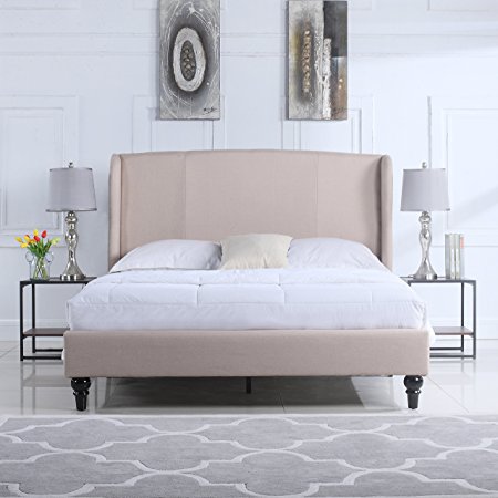 Classic Deluxe Linen Platform Bed Frame with Upholstered Shelter Headboard (Queen, Ivory)