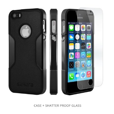 iPhone SE Case, iPhone 5s 5 SE (Black) SaharaCase® Protective Kit Bundled with [Tempered Glass Screen Protector] Slim Fit Rugged Protection Case Shockproof Bumper Hard Back (Black)