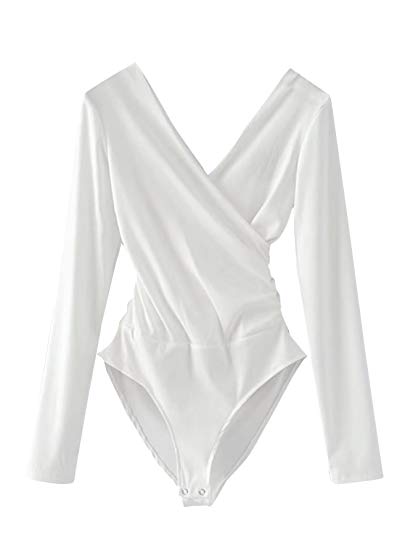 DIDK Women's Deep V Neck Surplice Bodysuit