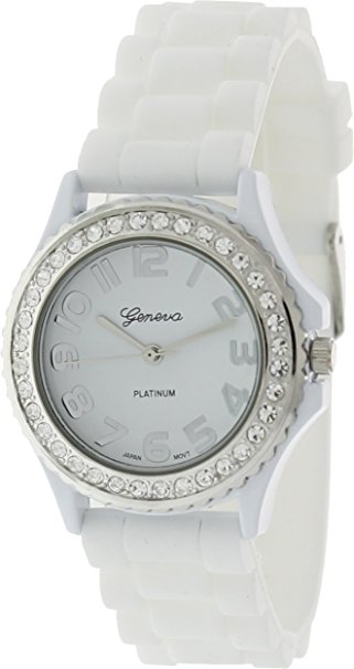 Geneva Platinum CZ Accented Silicon Link Watch, Large Face