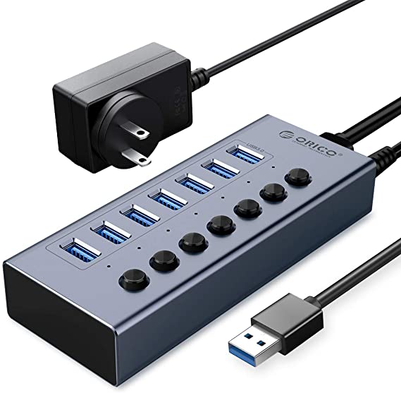 ORICO Aluminum Powered USB Hub, 7 Ports 24W USB 3.0 Data Hub with Individual On/Off Switches and 12V/2A Power Adapter for Desktop Computer, PC, iMac, Mobile HDD, Flash Drive, Phone, iPad Charging