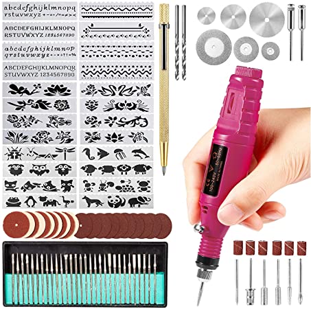 Uolor 108 Pcs Engraving Tool Kit, Electric Corded Micro Engraver Etching Pen DIY Rotary Tool for Jewelry Glass Wood Ceramic Metal Plastic with Scriber, 24 Stencils and 82 Accessories - Red