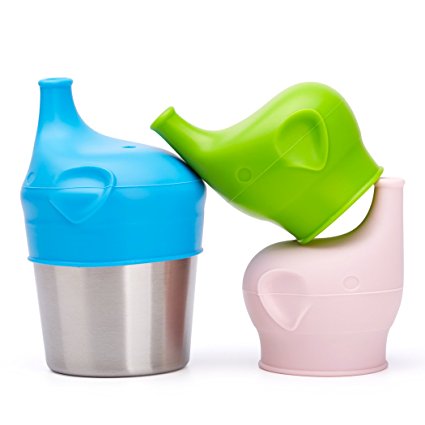 BBBiteMe Baby Sippy Cup Lids and stainless steel cup- Elephant Kid’s Spill Proof Universal Silicone Sippy lids Make any Cup to be Sippy cup
