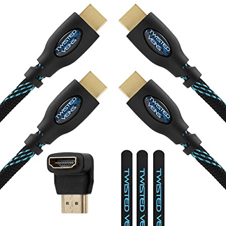 Twisted Veins Two (2) Pack of (50 ft) High Speed HDMI Cables   Right Angle Adapter and Microfiber Cable Ties (Latest Version Supports Ethernet, 3D, and Audio Return)