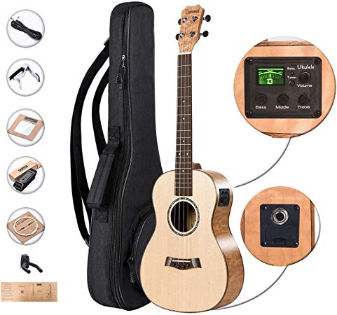 Left Handed - Caramel CB305L Solid Spruce Top Quilted Maple Baritone Acoustic & Electric Ukulele with Truss Rod,D-G-B-E Strings & free G-C-E-A strings, Padded Gig Bag, Strap and EQ cable