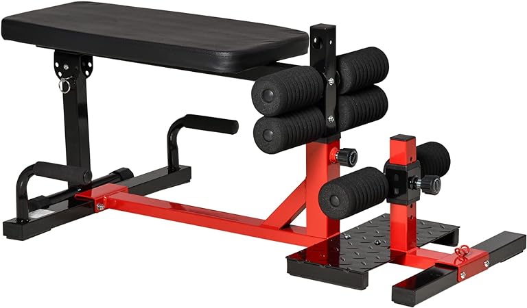 HOMCOM Machine à Squats 3 en 1 Appareil à abdominaux et Dos équipement de Fitness Sit-up Pompes Hauteur réglable 6 Positions Banc inclinable Amovible Acier 100 x 58 x 46 cm Rouge et Noir